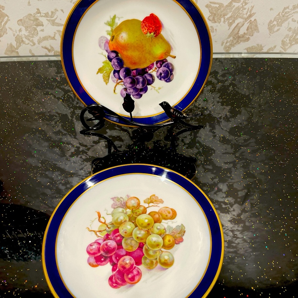 2 Bavaria Echt Cobalt Blue Golden Crown Bountiful Fruit Plate 7.5" - PEAR GRAPE